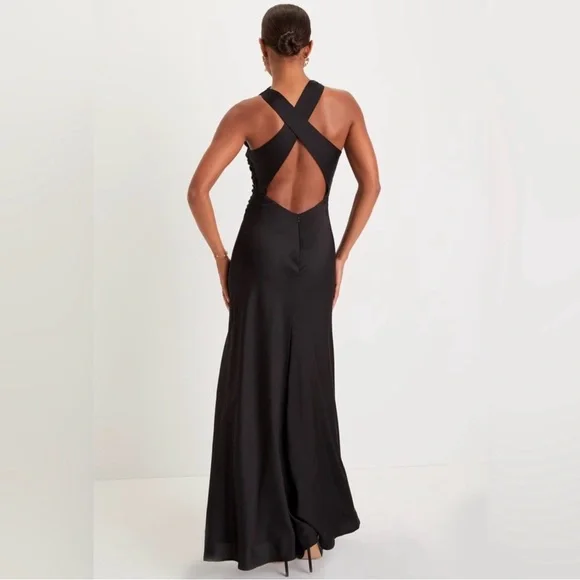 Lulus Effortlessly Sensational NWT size Large Black Satin Backless Maxi Dress - Picture 2 of 13
